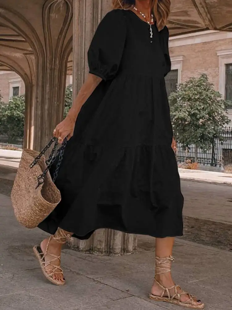 Summer Dress Vintage Lantern Sleeve Mid-Calf Dress Beach Bohemian Women Summer Sundress 2023 VONDA Casual Vestido Oversized Robe