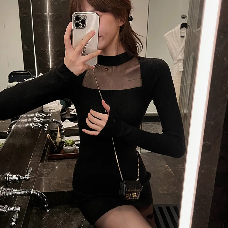 

6663 Half High Collar See-Through Mesh Pure Desire Sexy Waist Slimming Elastic Knitted Dress Inner Wear Bodycon Short Skirt