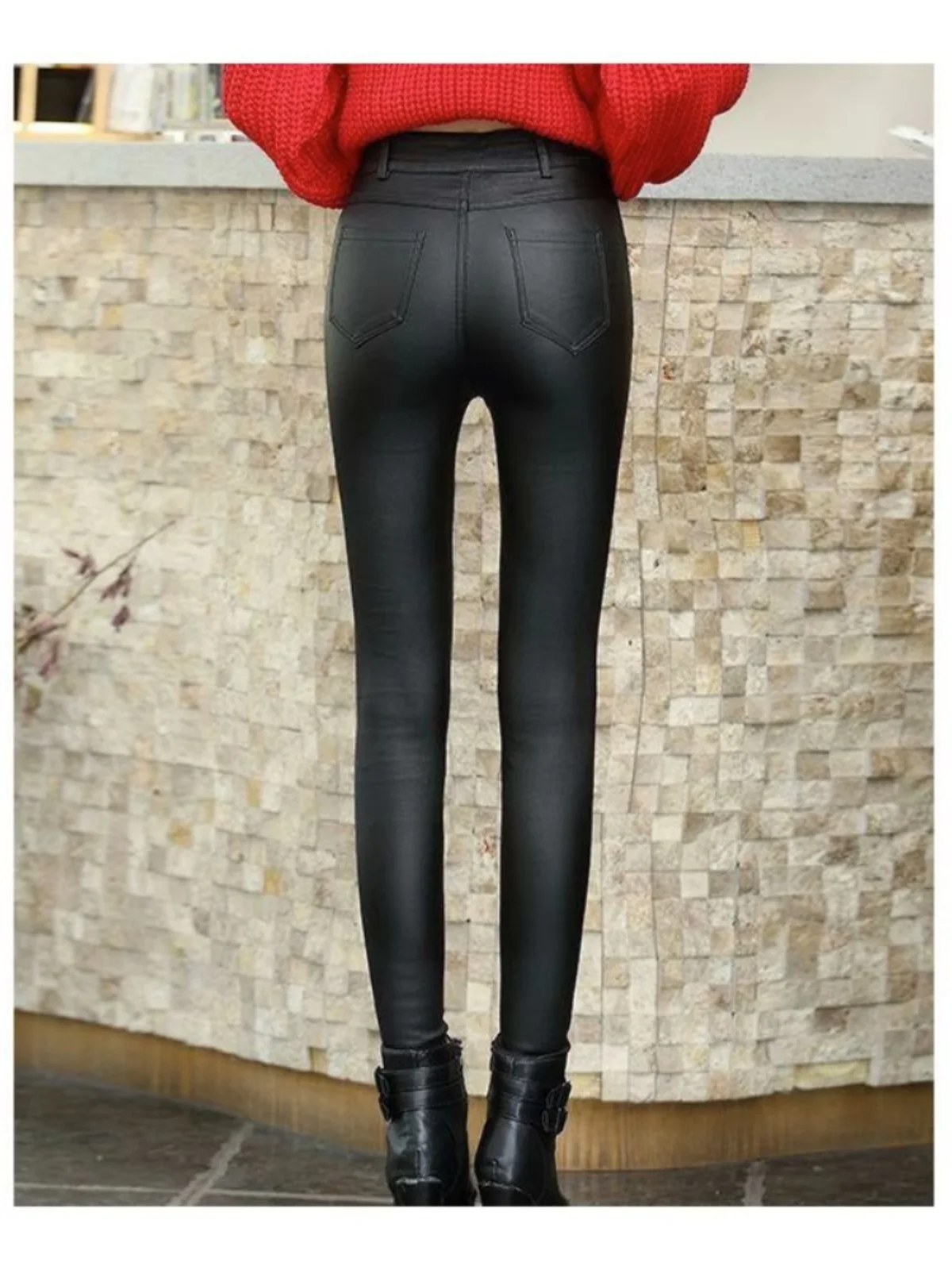 하이 웨이스트 PU 가죽 양털 안감 스키니 팬츠 여성용 베이스 레이어 바지 겉옷 여성용 바지 세련된 겨울 패션
