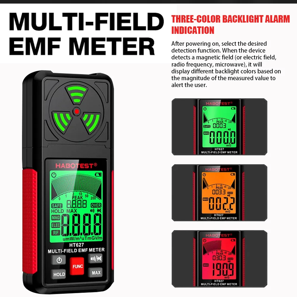 HT627 EMF Meter 3-in-1 Portable Electromagnetic Field Radiation Detector for Electric Field/Magnetic Field/RF Radiation Detector