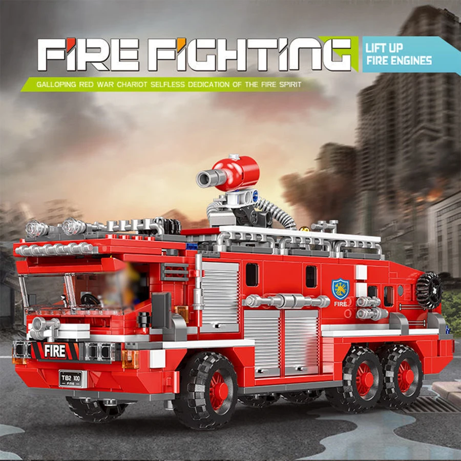 MOC Technical City Ladder Firetruck Fire Truck Building Blocks Police Set Bricks Moc Water Tank Firemen Car Bricks Toys For Kids