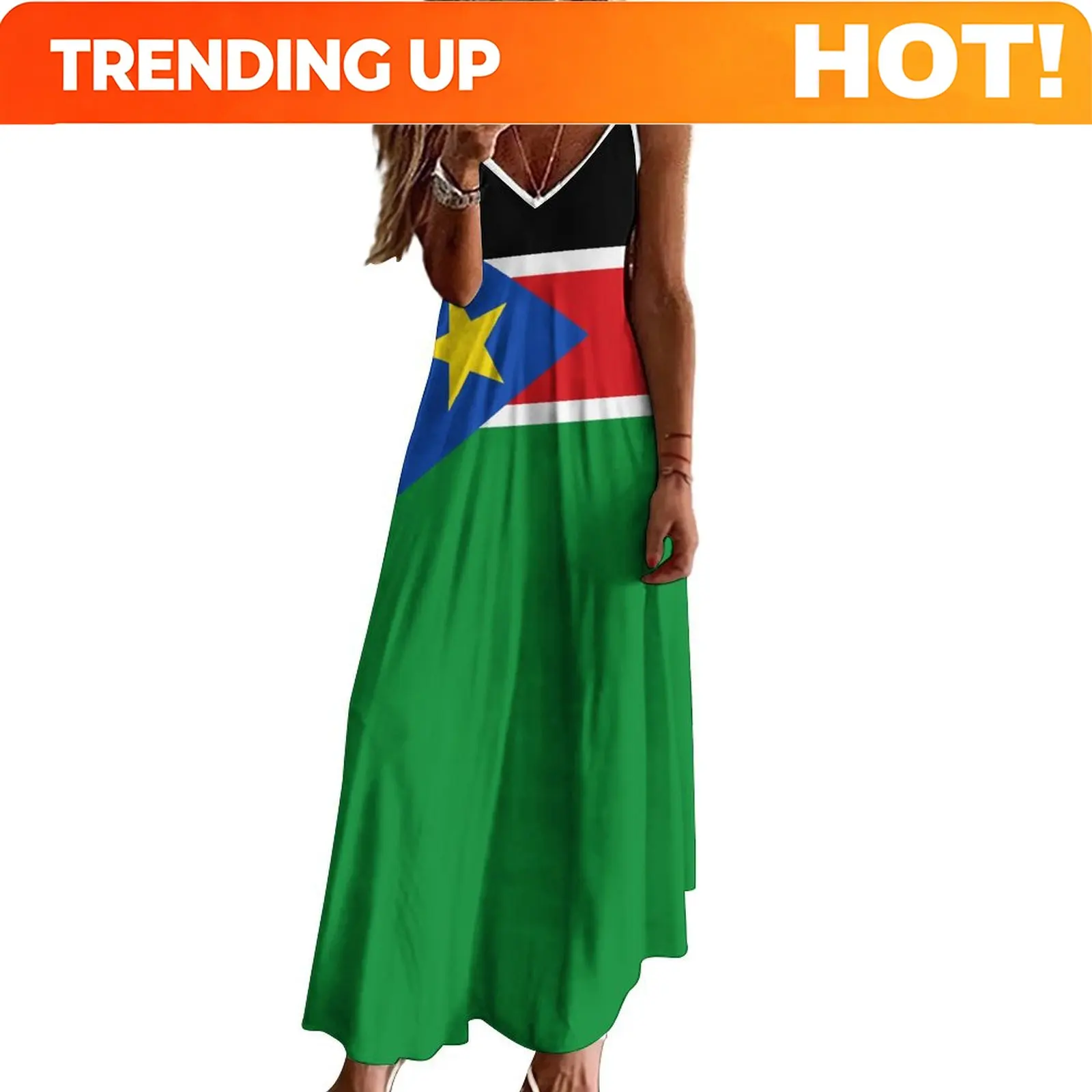 Custom Long Dresses Dress South Sudan Flag Print New Casual Sleeveless Women's V-Neck Printed Dress Swing Retro Dresses