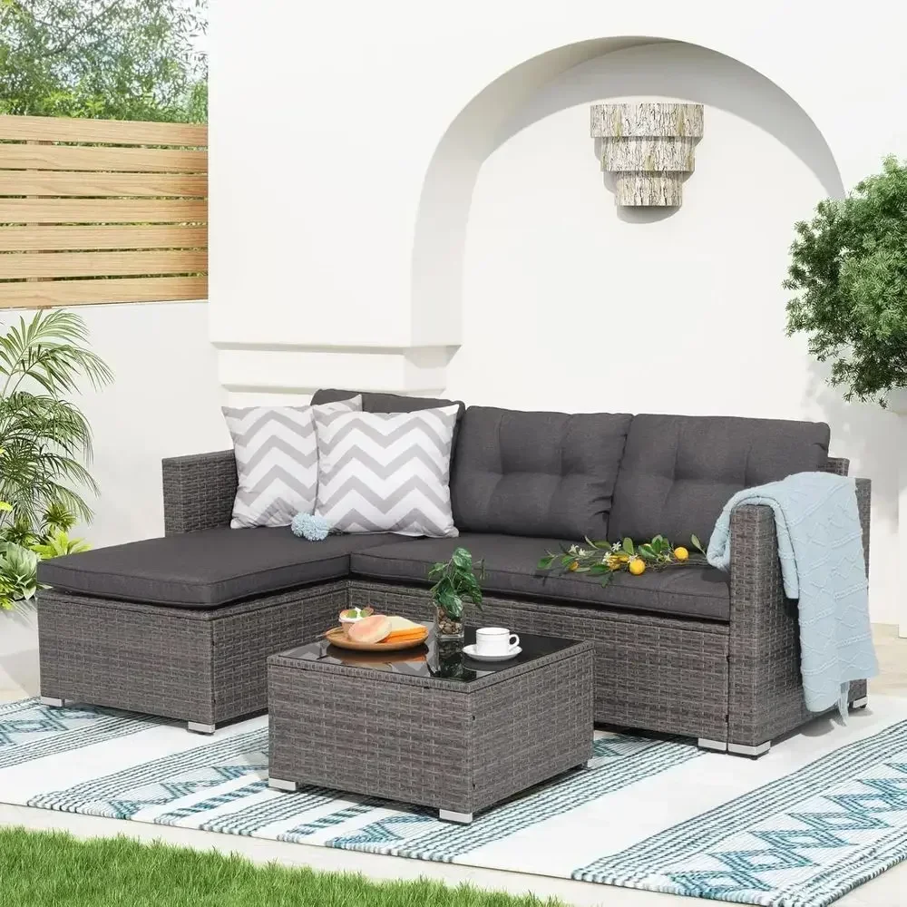 All-Weather Outdoor Sectional Sofa Set with Wicker Loveseat and Glass Coffee Table in Gradient Grey Rattan with Grey Cushions