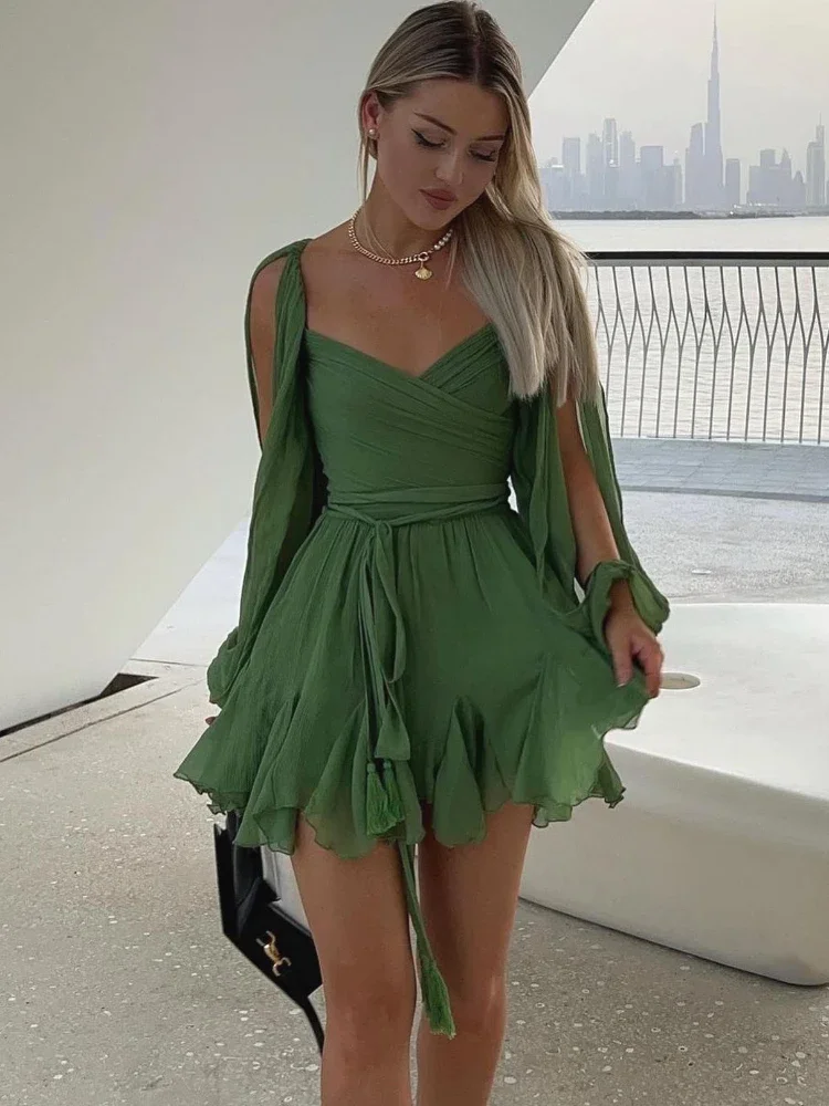 Sexy Green Pleated Mini Dress for Women Elegant V-neck Split Long Sleeve A-line Dresses Summer Lady Solid Backless Lace Up Robes