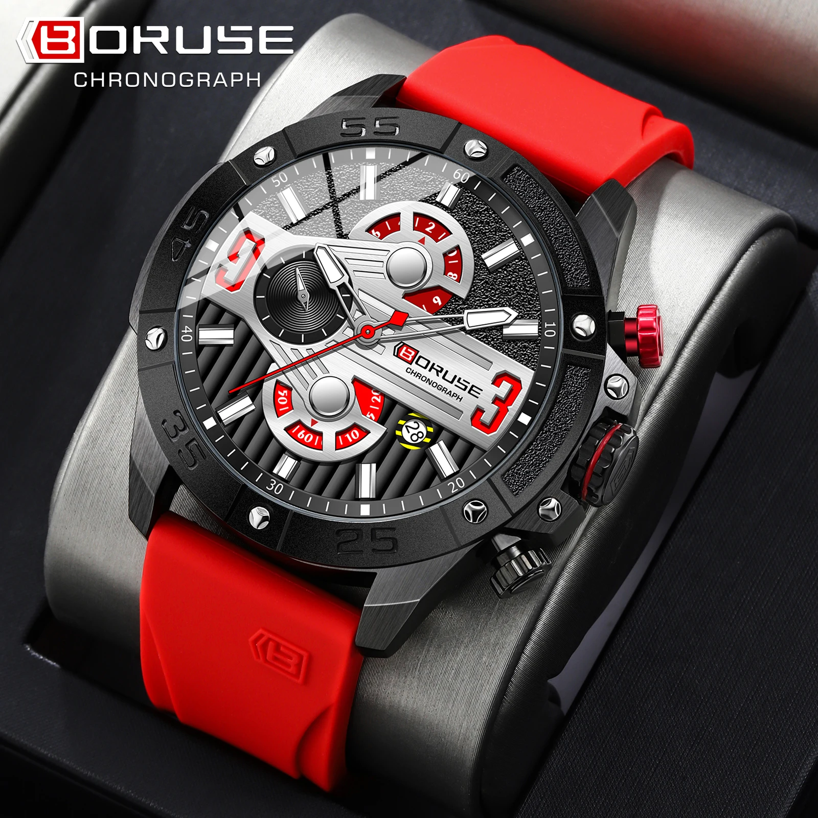 BORUSE Sport Quartz Red Watch for Men Luxury Wristwatches Chronograph Waterproof Casual Clock Montre Homme