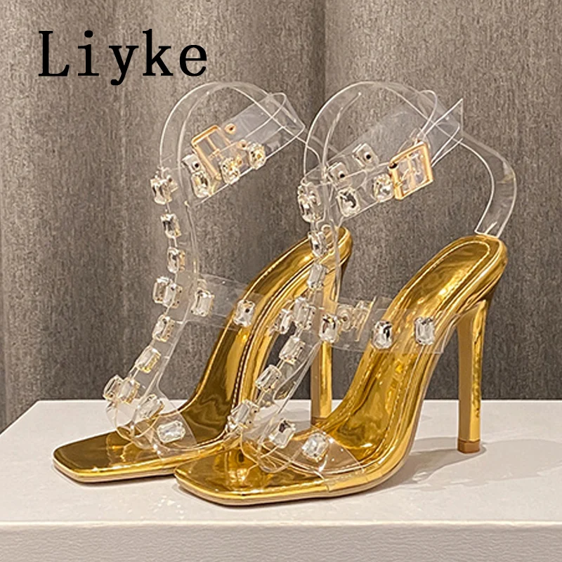 Liyke Summer 11.5CM Thin High Heels Transparent Sandals Women 2024 Fashion Crystal Diamond Ankle Strap Ladies Party Dress Shoes