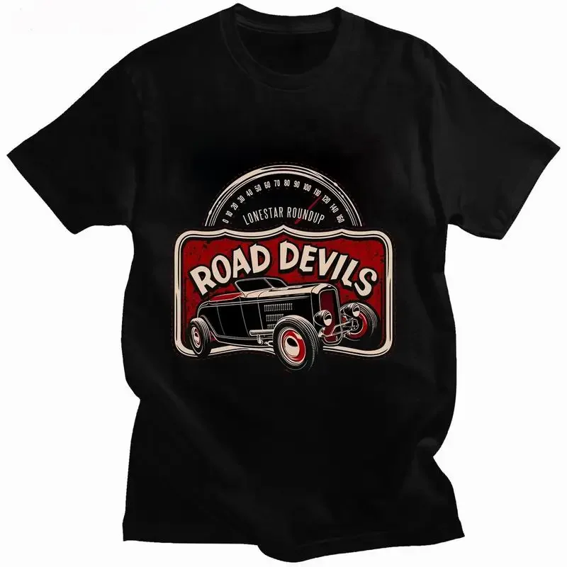 Vintage  Road Devils Car T Shirt Men Summer New Arrival O-neck Industrial Style  DIY Black T-shirts   Leisure