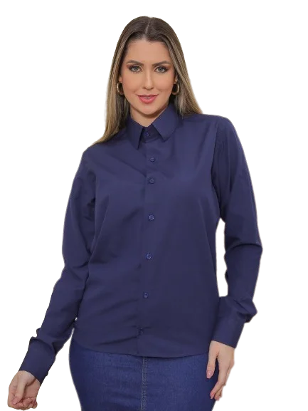 Navy Blue Slim Long Sleeve Women's Social Shirt Elegant Suit Shirt