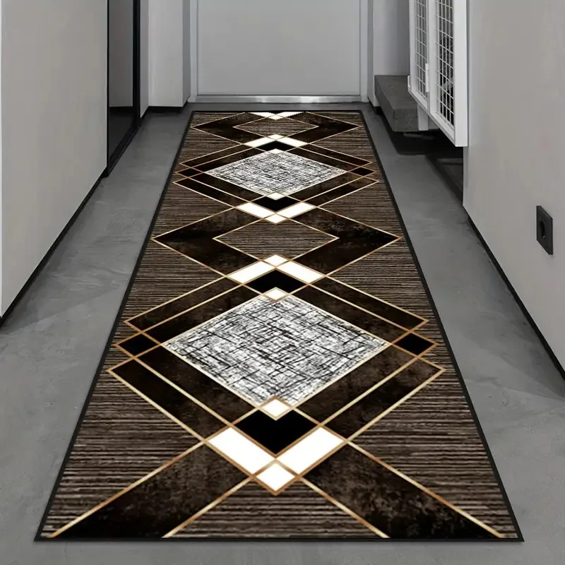 Moderner Geometrischer Diamant-Flurteppich - Schwarz-Gold & Grau Gemusterte Bodenmatte Ideal für Korridor-Dekoration