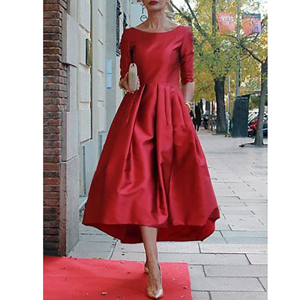 Simple A-Line Scoop Collar Prom Dress for Elegant Women Half Sleeve Tea-Length Solid Color Special Occasion Chic Satin Dresses