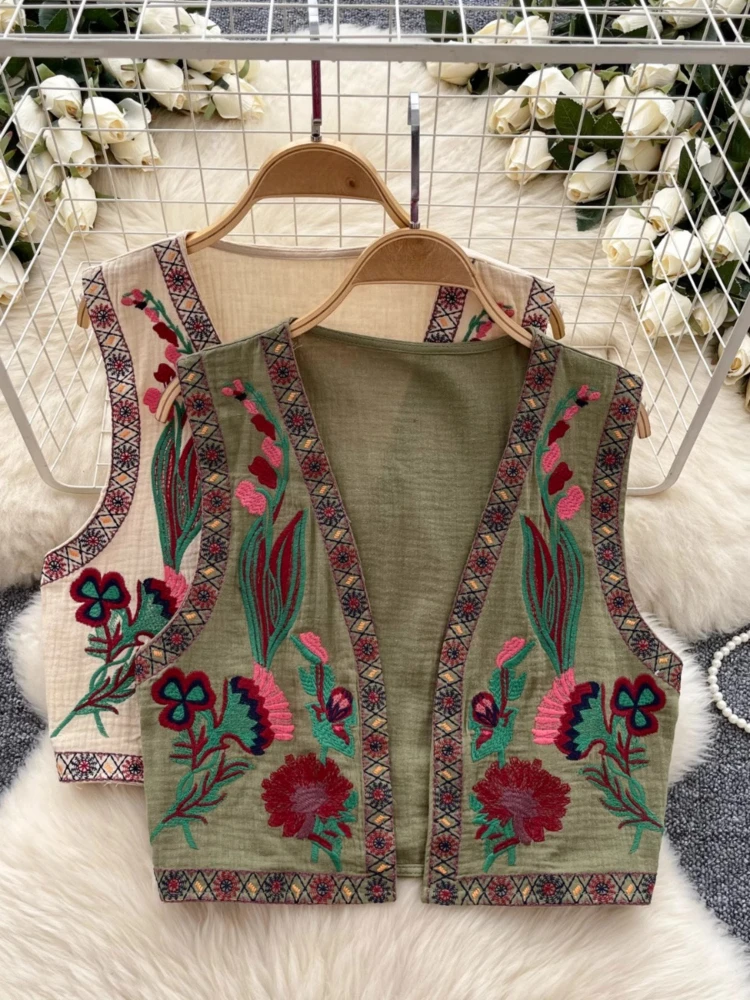 

Fashion Vintage Vests Heavy Embroidery V Neck Sleeveless Crop Tops Casual Loose Coats Design All Match 2025 New Women's Clothing