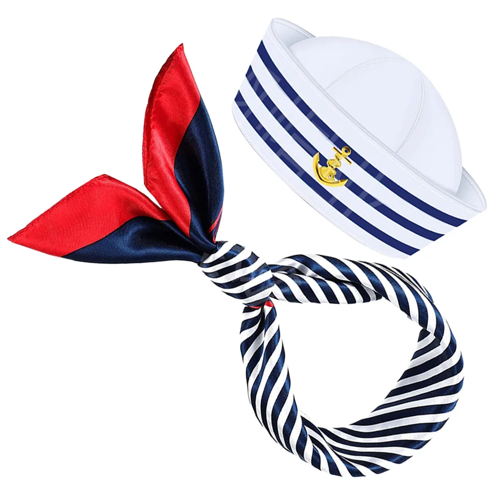 ชุดหมวกและผ้าพันคอลายทางสีน้ำเงินขาว ขนาดเส้นรอบวง 58 ซม. ชุดกะลาสีสุดเท่ สำหรับงานปาร์ตี้ ชุดคอสตูม หมวกกะลาสี ทหารเรือ สำหรับเรือเดินสมุทร