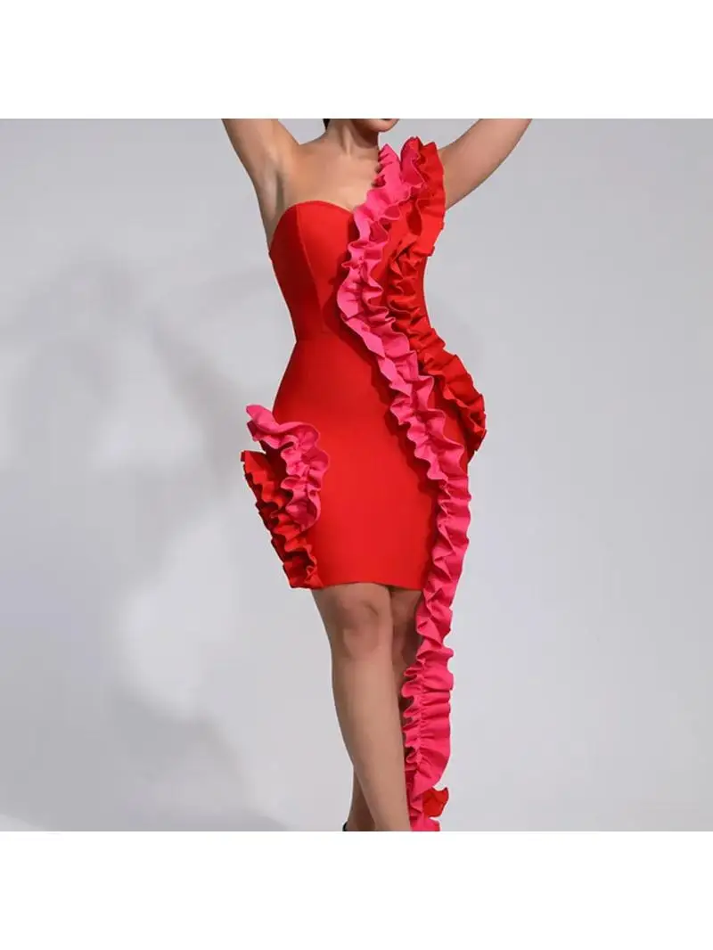 Sexy Celebrity Hoge Taille Effen Mini-jurk Damesmode Patchwork Slanke Feestjurk Elegante Luxe Jurk met één schouder en ruches - afbeelding 2