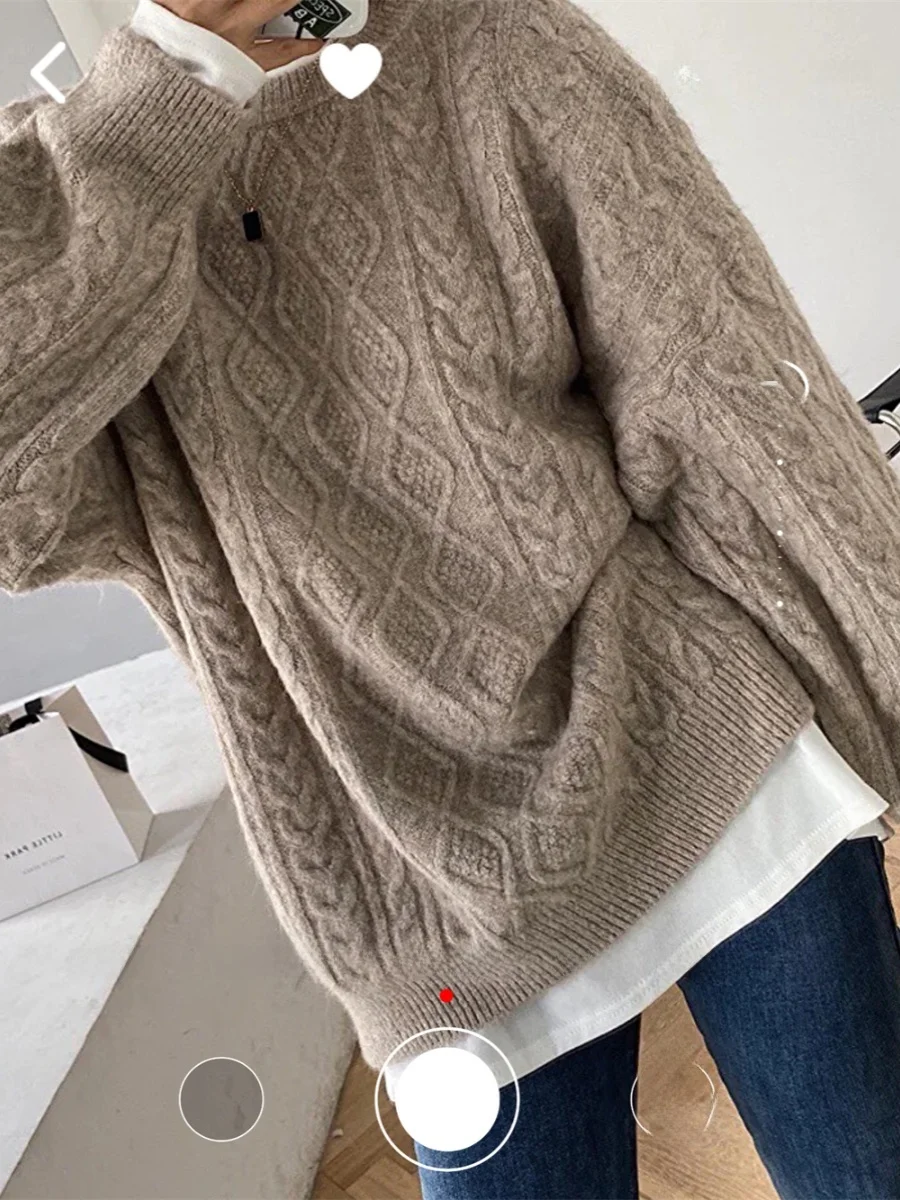 

Long Thiened round Ne 3D Weave Knitted Sweater Loose Fit Vintage Sle Large Sve Knitwear Comfortable Casual Pullover