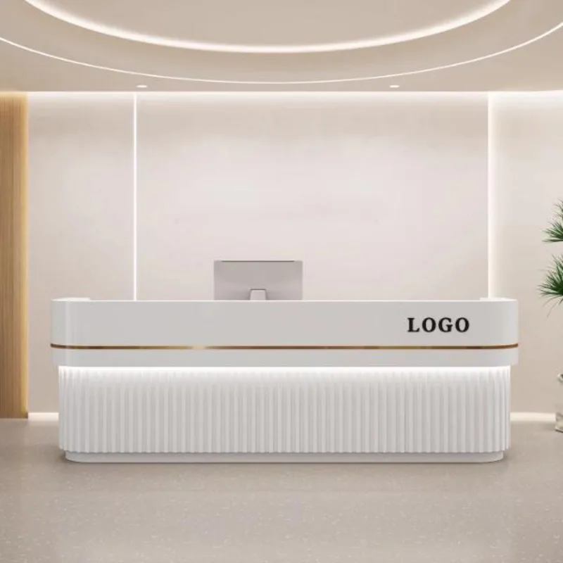 

Белые стойки регистрации красоты Салонные полки Добро пожаловать Длинный дизайн Стойки регистрации Минималистичные органайзеры Mostrador Модная мебель