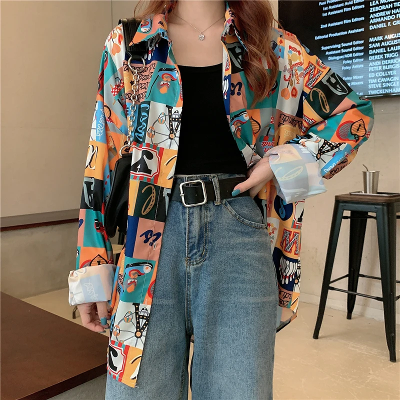 

Women Shirt and Blouse Y2k Vintage Korean Style Harajuku Casual Elegant Chic Fashion Loose Long Sleeve Print Polo Shirt Top 2023