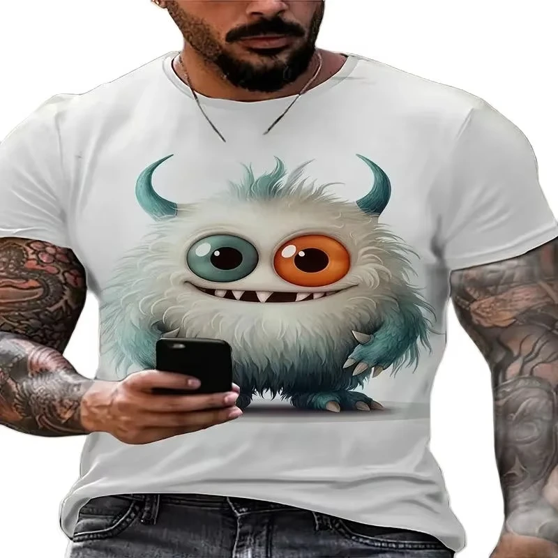 T-shirt For Men Funny Monster Graphic Casual Cartoon Cute 3D Printed Short Sleeve O Neck Pullover Streetwear Oversized Clothing