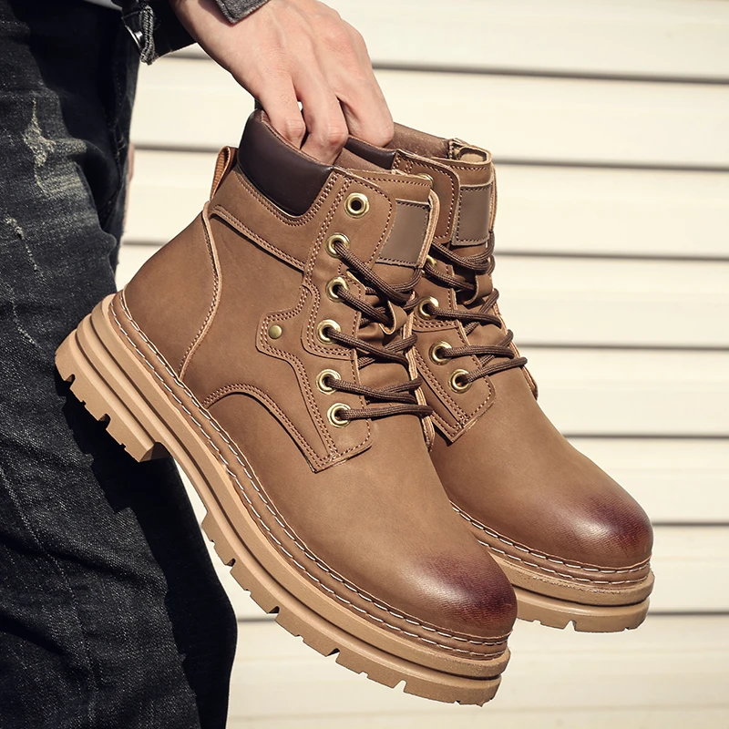 Winter High Top Men's Leather Casual Shoes Outdoor Plush Warm Ankle Boots Fashion Handmade Work Boots Platform Motorcycle Shoes
