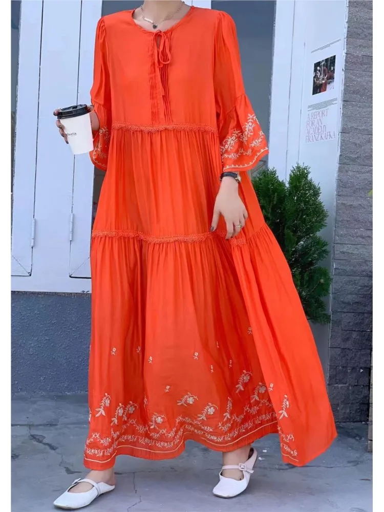 Abito lungo estivo a trapezio da donna ricamato moda volant patchwork pieghettato abiti larghi da donna abito da donna in stile coreano