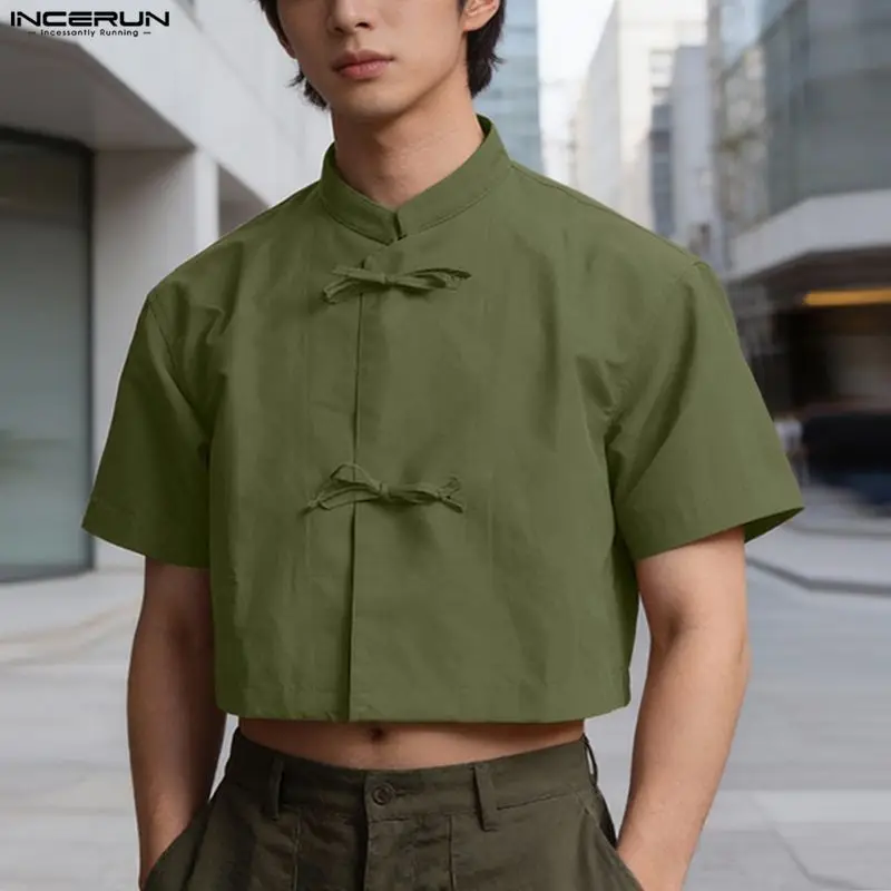 

INCERUN Men Shirt Solid Color Stand Collar Short Sleeve Casual Men Clothing Summer Streetwear 2026 Leisure Loose Male Crop Tops