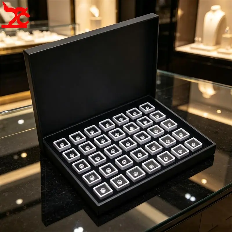 Business Exhibition Gemstone Display Tray with Square Gem Jars Diamond Loose Stone Beads Organizer Case Jewelry Store Showcase