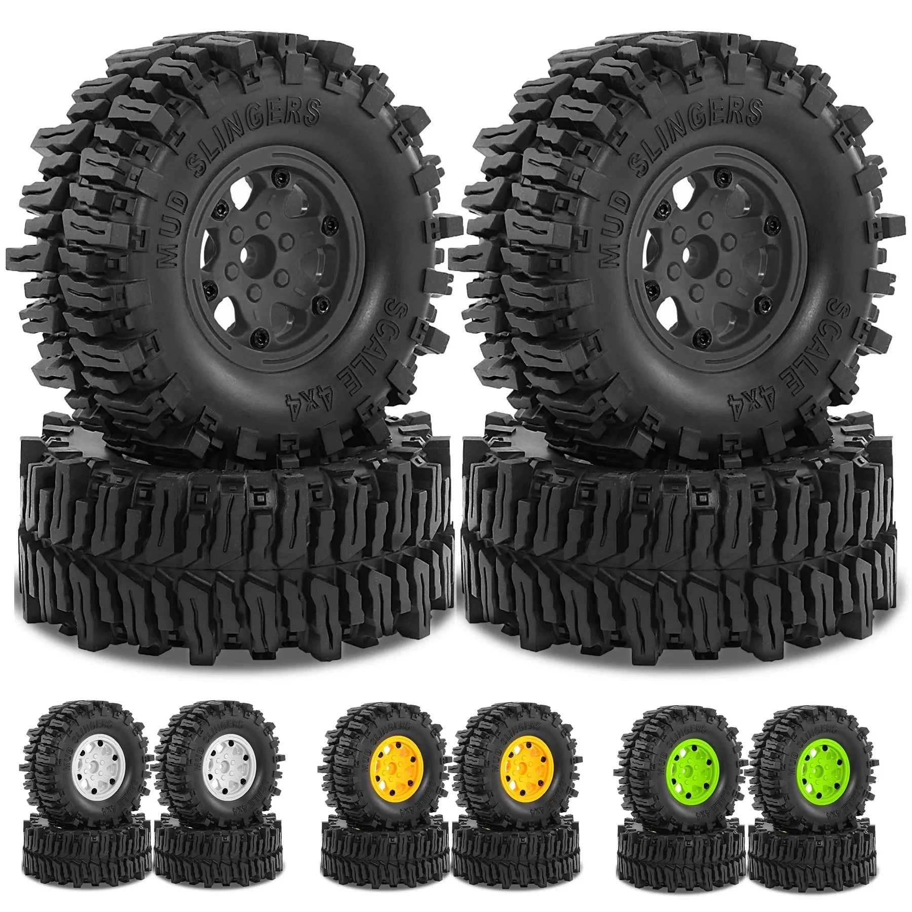 

High - Performance 4pcs 130mm 2.2" Beadlock Wheel Rim Tires, Compatible with 1/8 1/10 RC Crawler Cars such as Axial SCX10 TRX4