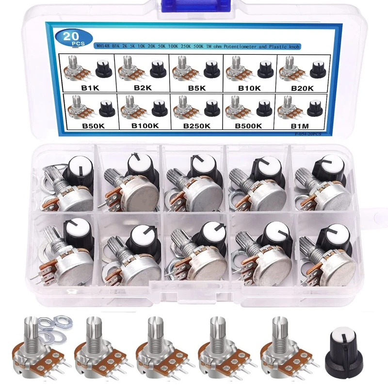 20PCS WH148 15MM Single Potentiometer Kit B1K 2K 5K 10K 20K 50K 100K 250K 500K 1M with White Knobs Set Shaft Nuts