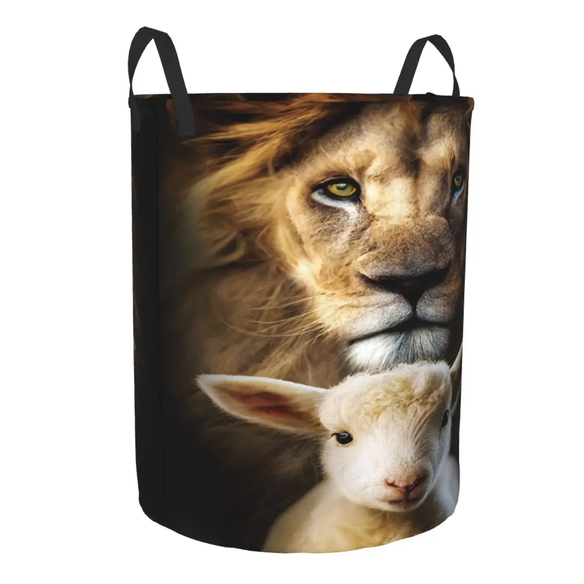 Custom Lamb And Lion Laundry Basket Collapsible Jesus Christian Clothes Toy Hamper Storage Bin for Kids Nursery