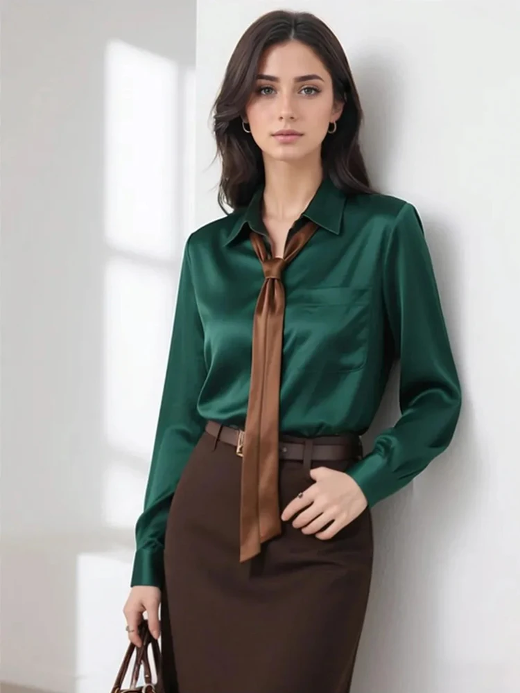Nowa damska satynowa bluzka z wiązaniem przy szyi, długi rękaw, elegancka koszula do pracy biurowej, formalna koszula dla bizneswoman, 2025