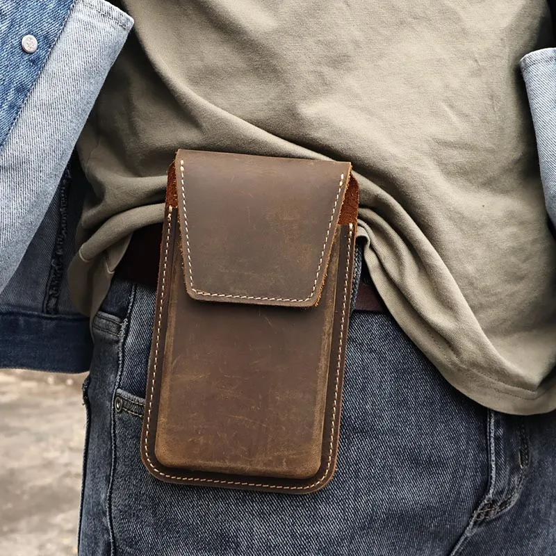 RIYAO Vintage Waist Belt Bag For Men Big Mobile Phone Bag Genuine Leather Thick Shell Cell Phone With Protect Case Pocket Holder