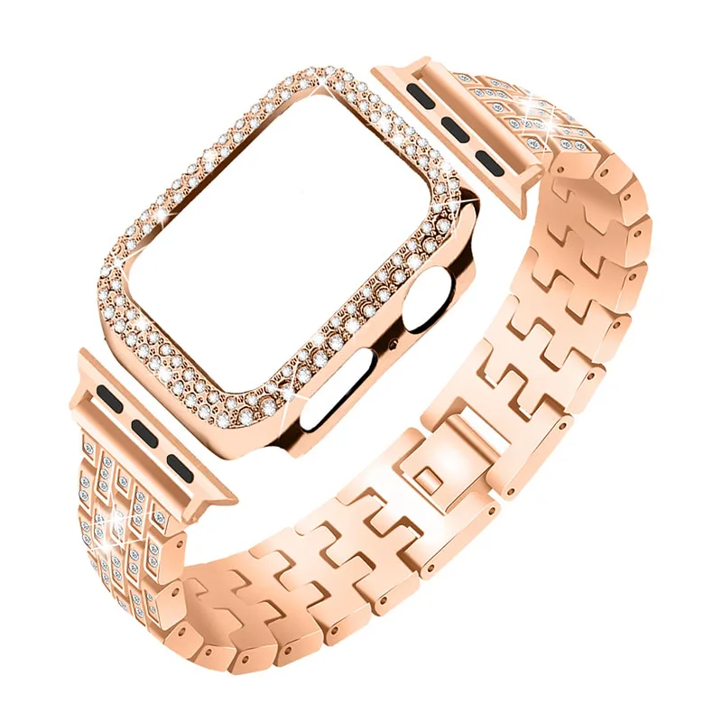

Shiny Rhinestone Five Beads Metal Watch Strap Band + Watch Case Cover for Apple Watch Series 3/2/1 42mm - Rose Gold