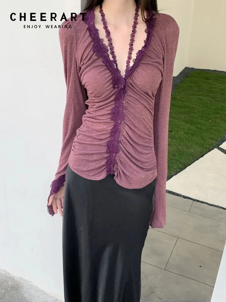 

CHEERART Lace V Neck Long Sleeve Top And Blouse Woman Ruched Designer Knit Top Female Ladies Clothes Spring 2026