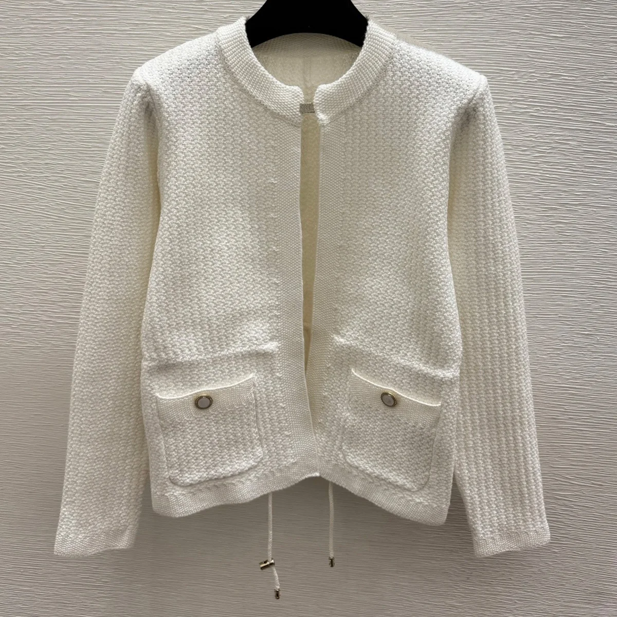 High Quality Women Stand Collar Textured Knit Cardigan, Metal Button Pocket Drawstring Waist Short Sweater Coat lyt26101052
