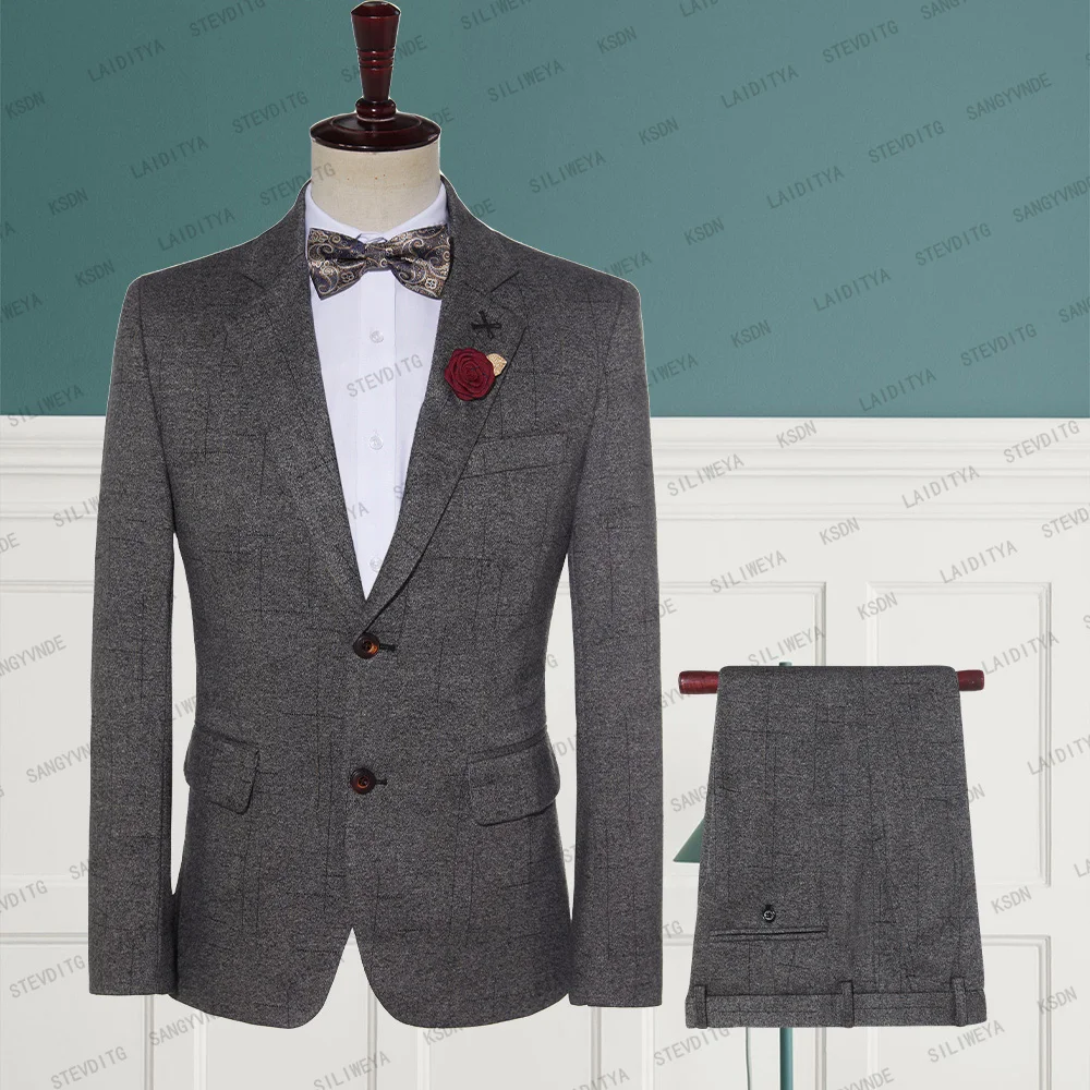 

2023 New Men Slim Business Casual Suits British Style Dress Dark Grey Plaid Woolen Two Piece Set Jacket Pants Male Wedding Groom