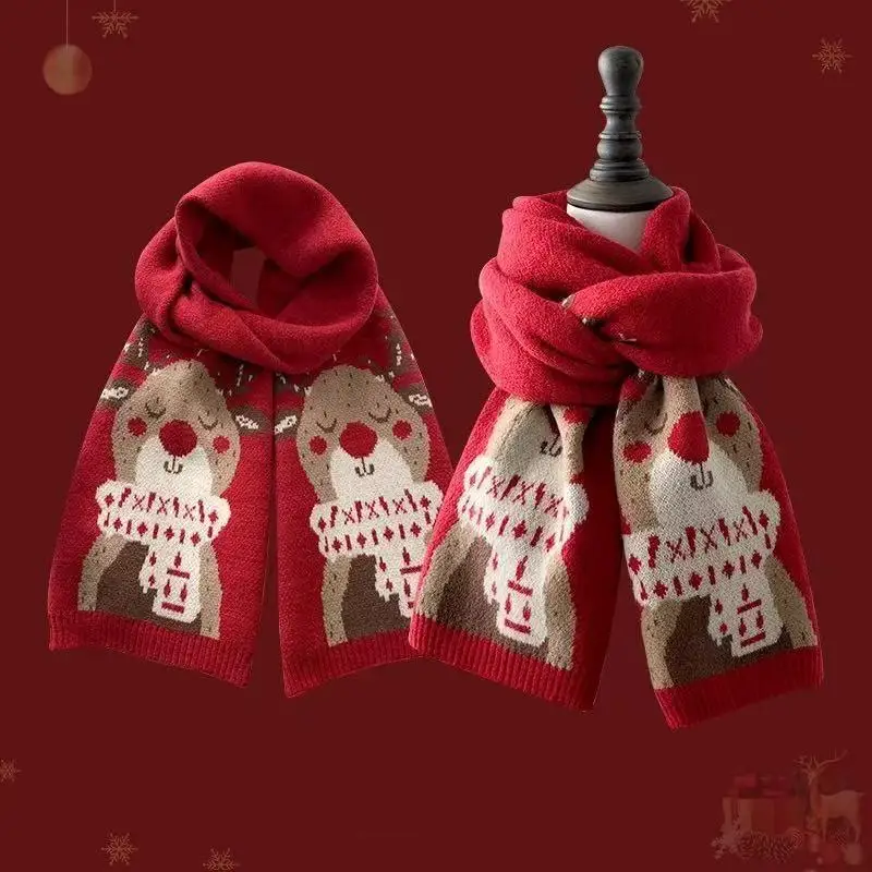 Trendy Xmas Elk Snowman Neck Warmer; Red Shawl Ideal Gift for Students or Couples