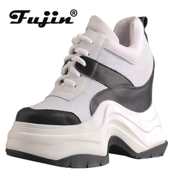 Fujin 13.5cm Air Mesh Breathable Women Chunky Sneaker Summer Mixed Color Shoes Genuine Leather Hollow Ankle Boots Flats Comfy