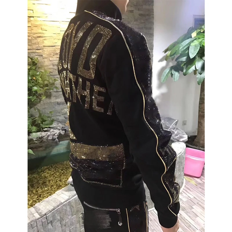 2023 Men\'s Suit 100% Cotton King of Fighters Gold Letters Diamond Embroidery 2 Piece Sweater Pants Italian Fashion High Quality