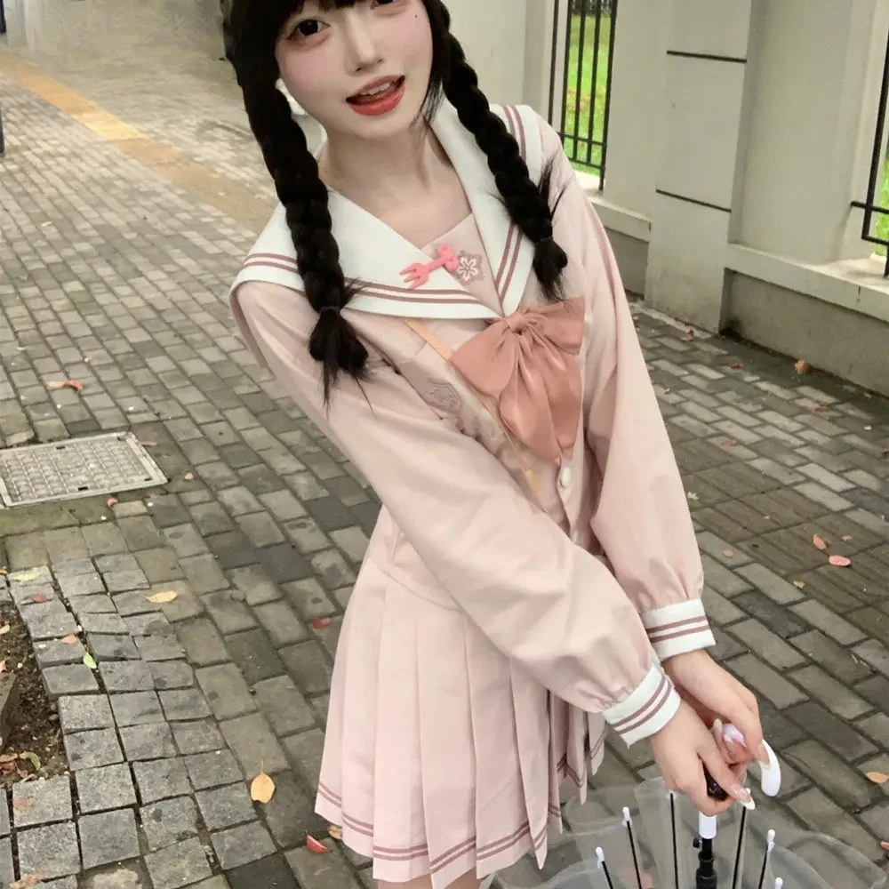 

Комплект школьной формы JK 2026: розовый матросский костюм, японская школьная форма для девочек и женщин, блузка с длинным рукавом и бантом, приталенная, плиссированная мини-юбка
