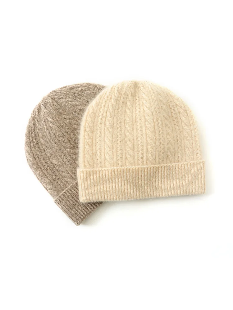 Women 100% Pure Cashmere Knitted Hat Autumn Winter Soild Twist Flower Jacquard Fashionable Shopping Keep Warm Soft Comfort