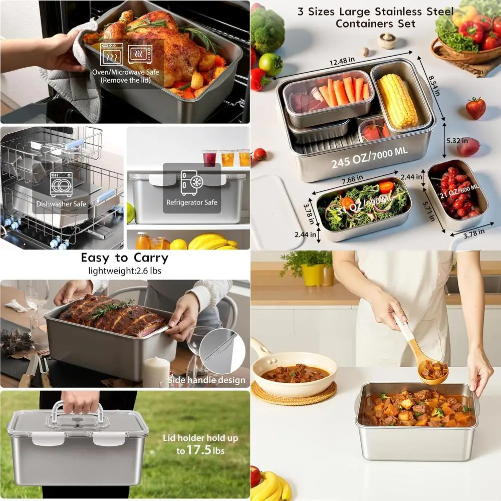 Juego de 8 Recipientes Grandes de Acero Inoxidable para Almacenamiento de Alimentos con Tapas, 3 Tamaños para Preparación de Comidas, Verduras, Frutas, Bocadillos, Asados