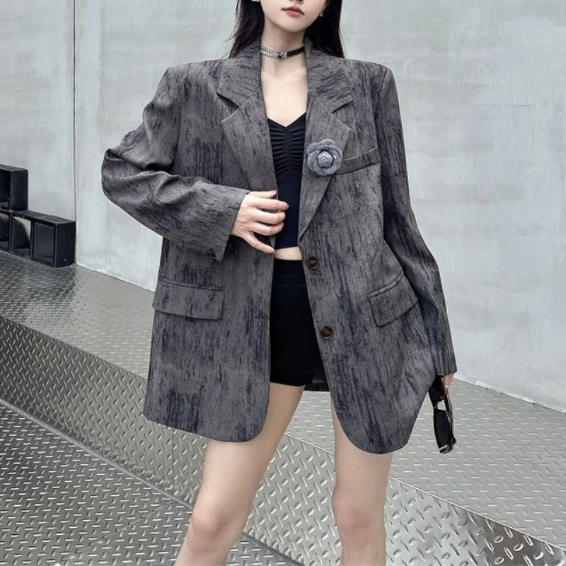 

Punk-style Three-dimensional Flowers Make Old Loose Long-Sleeved Coat for Women's Autumn New Slim Casual Clothes