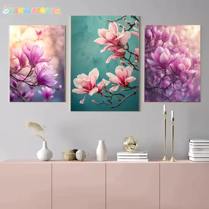2027,Pink Magnolia Flowers Posters Print Modern HD Plants Flowers Canvas Painting Wall Art Pictures for Home Decoration Cuadr