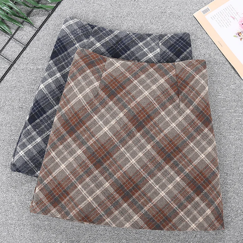 

Шерстяная юбка в клетку в стиле ретро, осенне-зимняя женская юбка на бедрах с высокой талией в студенческом стиле