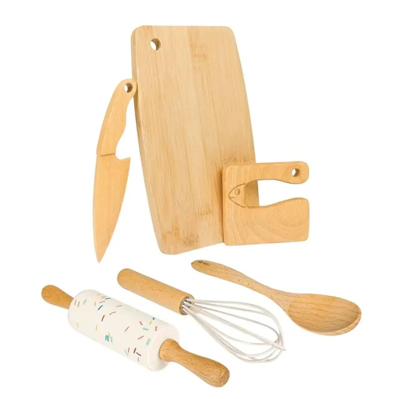VEHO-Wooden Kids Knife And Toddler Baking Set For Real Cooking 6 PCS Montessori Toddler Kitchen Tools, Cooking Cutting Board
