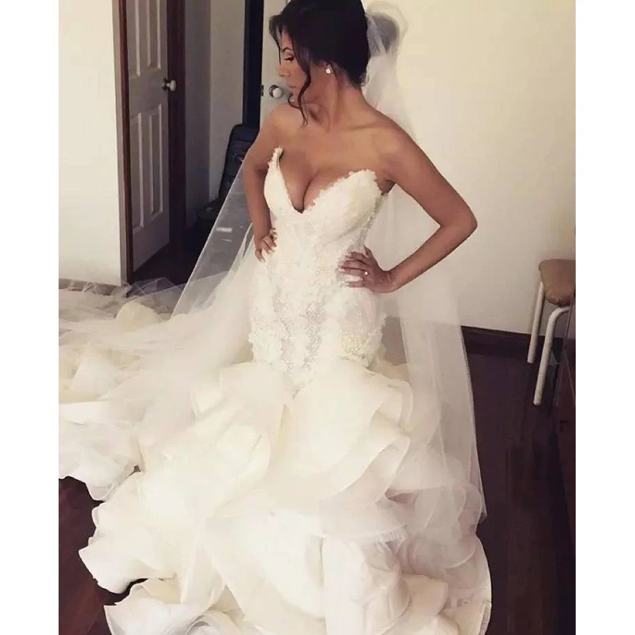 

Luxury Appliqued Ruffel Tiered Wedding Dresses Vestido De Noiva Casamento Mermaid Wedding Dress Off Shoulder Bridal Gowns