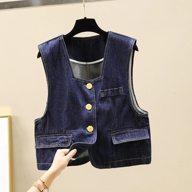 

Vintage Dark Blue Denim Vest Women Korean Slim Short Student Cowboy Waistcoat Spring Summer Thin Sleeveless Jeans Jacket Female