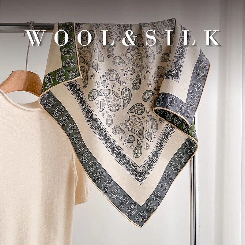 2027 Silk Wool Blend Square Scarf for Women Reversible Two‑Sided Paisley Foulard Scarf Green & Grey Vintage Print Bandana