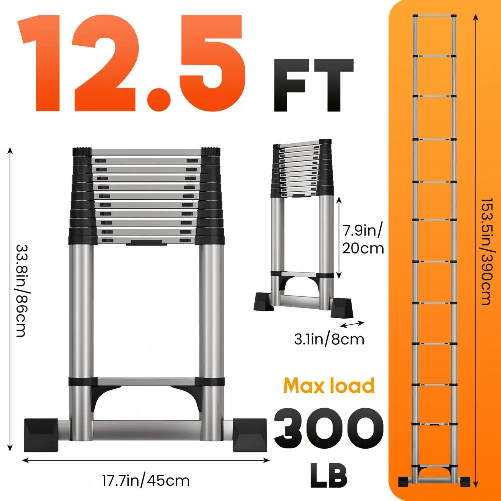 3.8M Telescopic Ladder 12.5FT Stainless Steel Extendable Sturdy Loft For Draw Wall Replace Bulb Repair Roof Bearing 330lbs