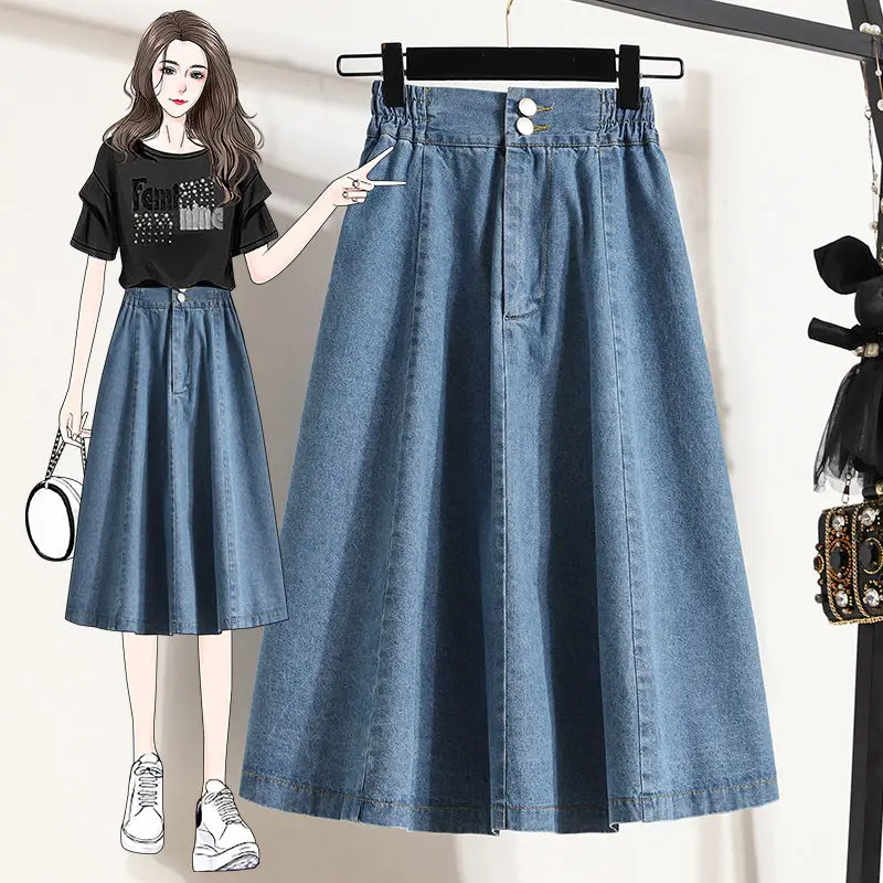 

Large Size A-Line Denim Skirt Women's Spring Autumn 2023 Korean Loose Fashion Elastic High Waist Skirt Midi Saia Jeans Z297
