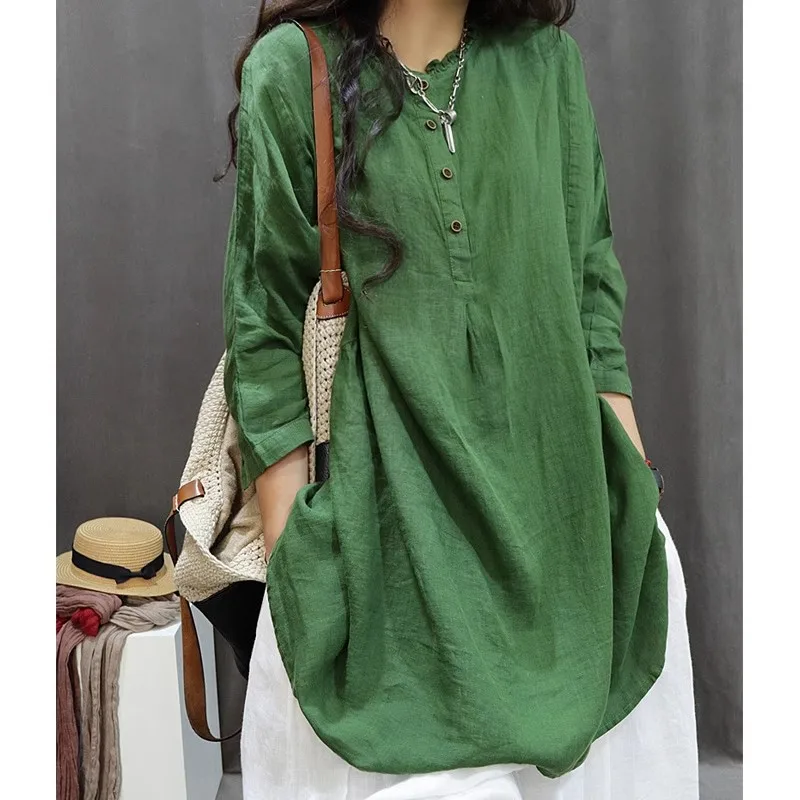 

Льняной свободный топ в стиле ретро, винтажный потертый вид, чистый цвет, 3/4 све, повседневный кукольный топ, женский летний топ средней длины, новый Sle